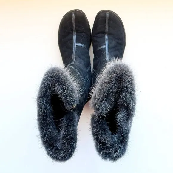 Donald J. Pliner Black Fur Top Low Wedge Quilted Half Calf Winter Boots Size 6
