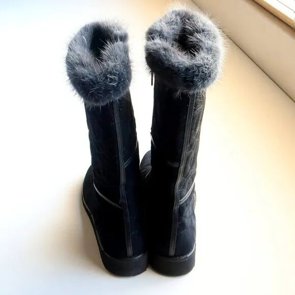 Donald J. Pliner Black Fur Top Low Wedge Quilted Half Calf Winter Boots Size 6
