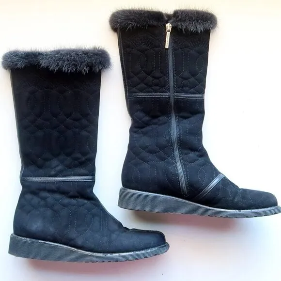 Donald J. Pliner Black Fur Top Low Wedge Quilted Half Calf Winter Boots Size 6