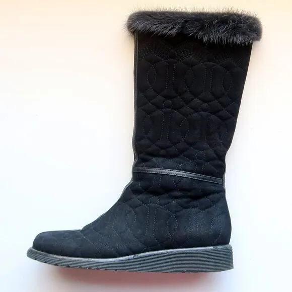 Donald J. Pliner Black Fur Top Low Wedge Quilted Half Calf Winter Boots Size 6