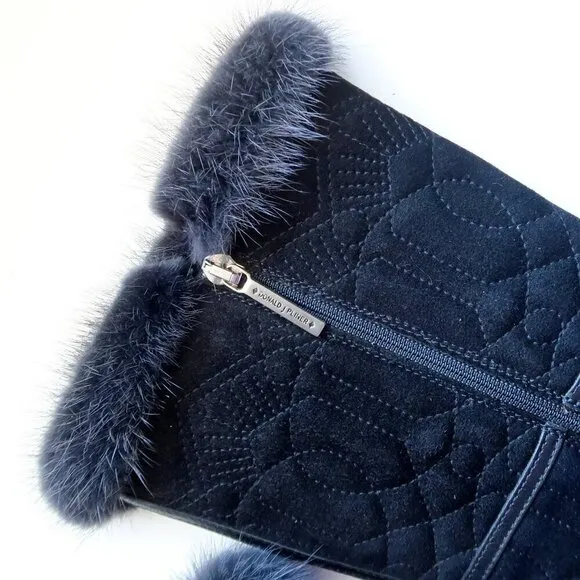 Donald J. Pliner Black Fur Top Low Wedge Quilted Half Calf Winter Boots Size 6