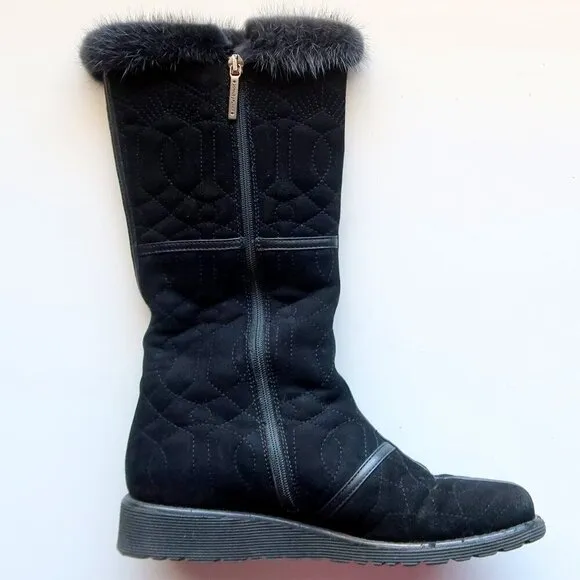 Donald J. Pliner Black Fur Top Low Wedge Quilted Half Calf Winter Boots Size 6
