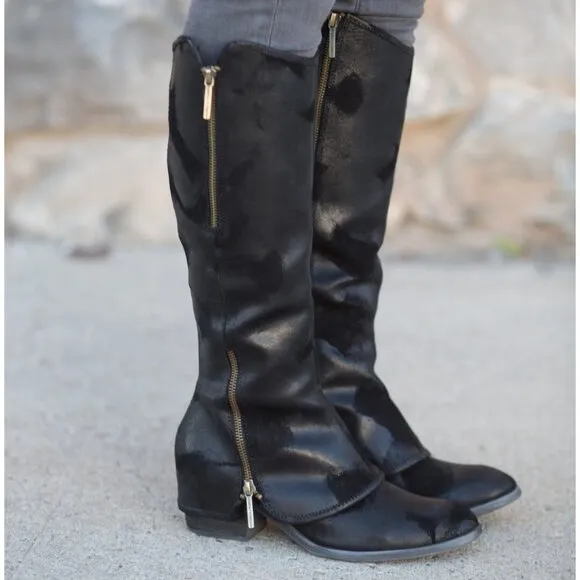 Donald J Pliner Devi Tall Black Knee High Riding Moto Biker Leather Boots 6.5M