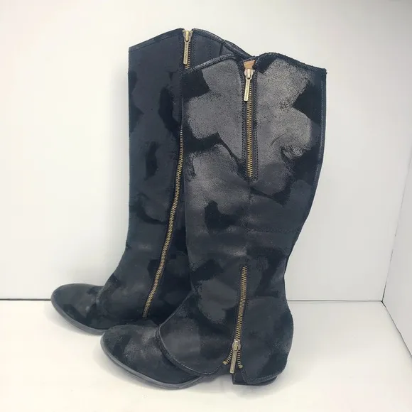 Donald J Pliner Devi Tall Black Knee High Riding Moto Biker Leather Boots 7.5M