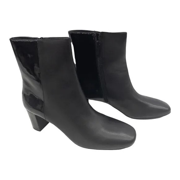 Donald J Pliner Square Toe Black Jia Two Tone Matte Patent Block Heel Boots 9.5
