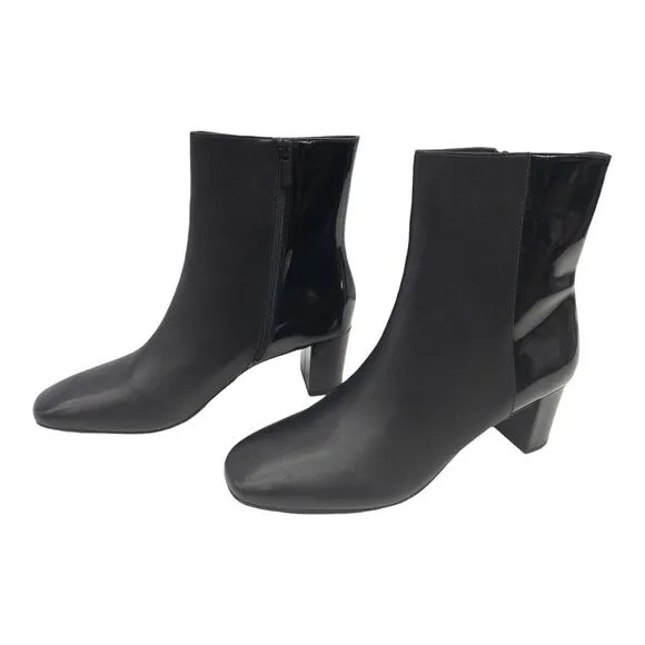 Donald J Pliner Square Toe Black Jia Two Tone Matte Patent Block Heel Boots 9.5