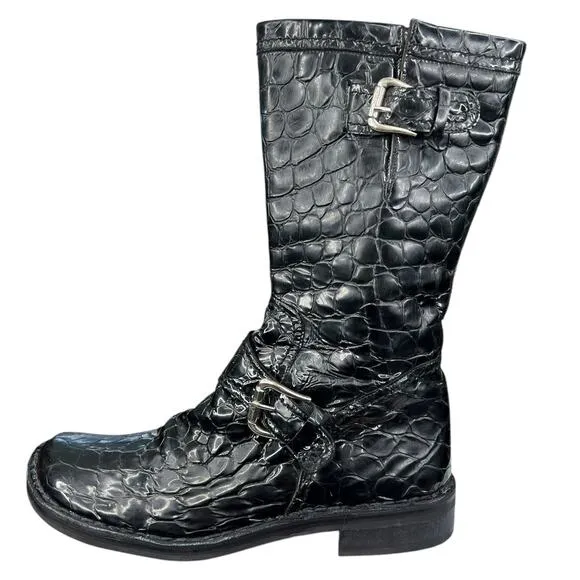 Donald J Pliner Women’s Black Alligator Print Mid Riding Boot Size US 10
