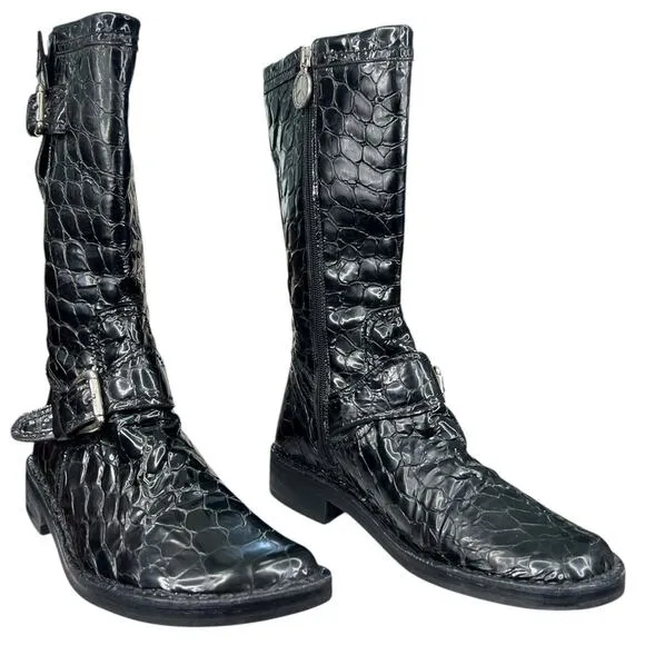 Donald J Pliner Women’s Black Alligator Print Mid Riding Boot Size US 10