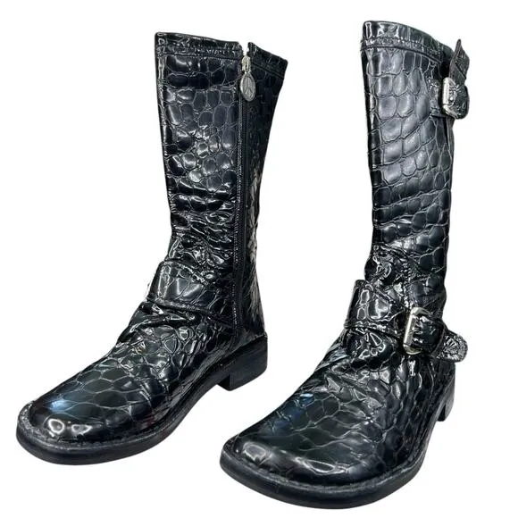 Donald J Pliner Women’s Black Alligator Print Mid Riding Boot Size US 10