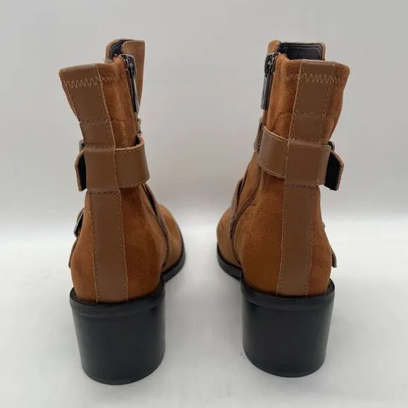 Donald Pliner Darby Ankle Boot Womens 5 Tan Suede Harness Strap Western Chunky