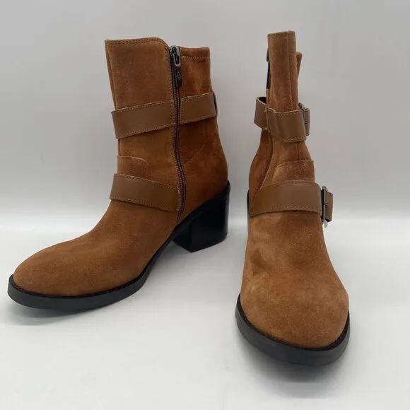 Donald Pliner Darby Ankle Boot Womens 5 Tan Suede Harness Strap Western Chunky