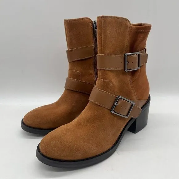Donald Pliner Darby Ankle Boot Womens 5 Tan Suede Harness Strap Western Chunky