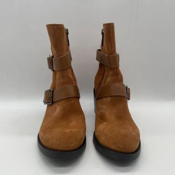 Donald Pliner Darby Ankle Boot Womens 5 Tan Suede Harness Strap Western Chunky