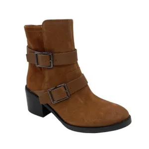 Donald Pliner Darby Ankle Boot Womens 5 Tan Suede Harness Strap Western Chunky
