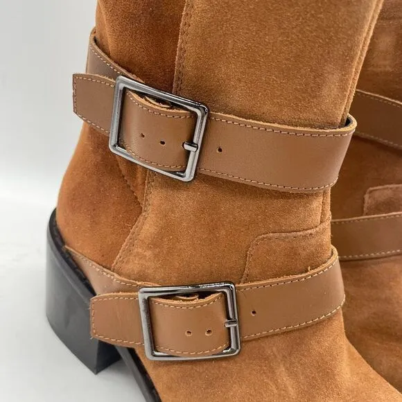 Donald Pliner Darby Ankle Boot Womens 5 Tan Suede Harness Strap Western Chunky