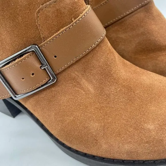 Donald Pliner Darby Ankle Boot Womens 5 Tan Suede Harness Strap Western Chunky