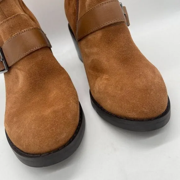 Donald Pliner Darby Ankle Boot Womens 5 Tan Suede Harness Strap Western Chunky