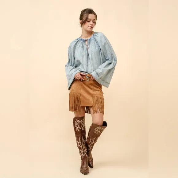 Double Belted Star Studded Suede Fringe Mini Skirt