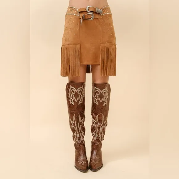 Double Belted Star Studded Suede Fringe Mini Skirt