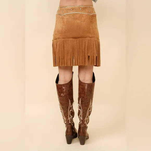 Double Belted Star Studded Suede Fringe Mini Skirt