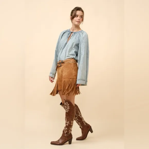 Double Belted Star Studded Suede Fringe Mini Skirt