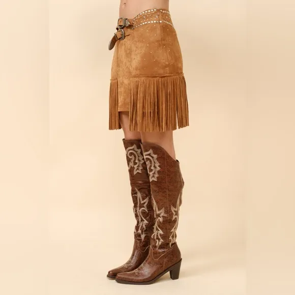 Double Belted Star Studded Suede Fringe Mini Skirt