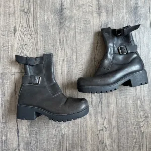 Double H Black Leather Buckle Zip Moto Chunky Lug Heel Ankle Riding Boots