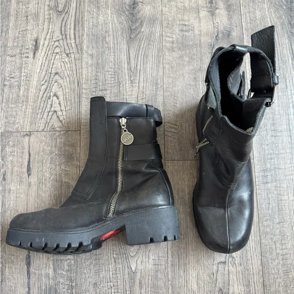 Double H Black Leather Buckle Zip Moto Chunky Lug Heel Ankle Riding Boots