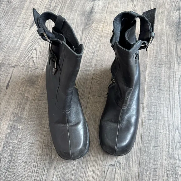 Double H Black Leather Buckle Zip Moto Chunky Lug Heel Ankle Riding Boots