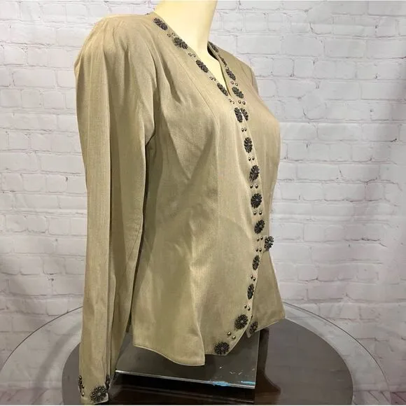 DOUBLE D RANCH tailored blazer with metal flower button embellishments. Medium