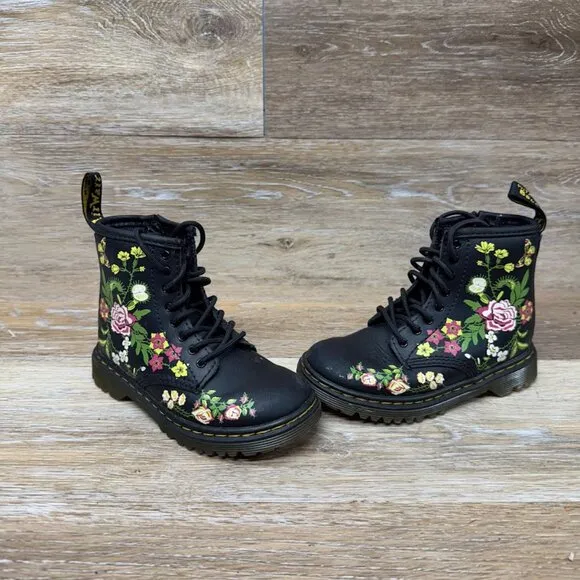 Dr. Martens 1460T Bloom Hydro Black Leather Boots Youth Size 9