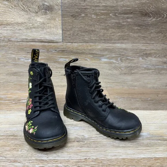 Dr. Martens 1460T Bloom Hydro Black Leather Boots Youth Size 9