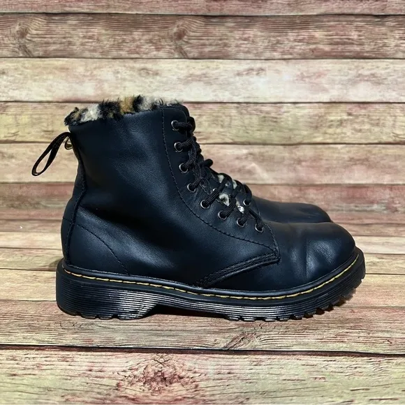 Dr. Martens Black Leather Serena Cheetah Lining Lace Up Boots