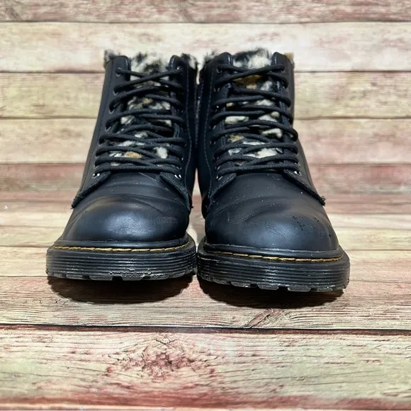 Dr. Martens Black Leather Serena Cheetah Lining Lace Up Boots