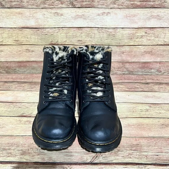 Dr. Martens Black Leather Serena Cheetah Lining Lace Up Boots