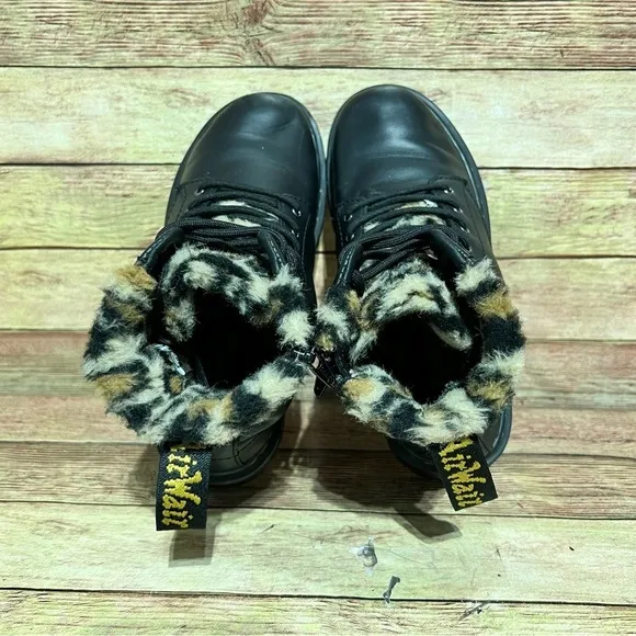 Dr. Martens Black Leather Serena Cheetah Lining Lace Up Boots