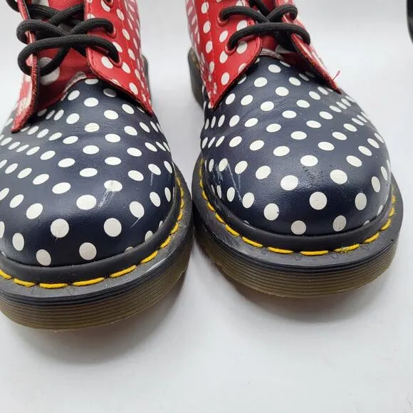 Dr. Martens Chay Leather Red Navy White Polka Dot Boots Women's Size 8 RARE