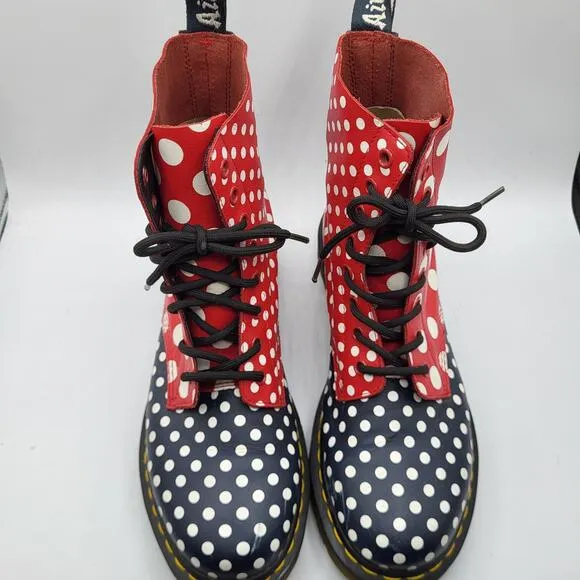 Dr. Martens Chay Leather Red Navy White Polka Dot Boots Women's Size 8 RARE