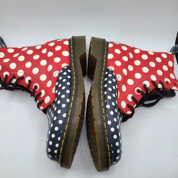 Dr. Martens Chay Leather Red Navy White Polka Dot Boots Women's Size 8 RARE
