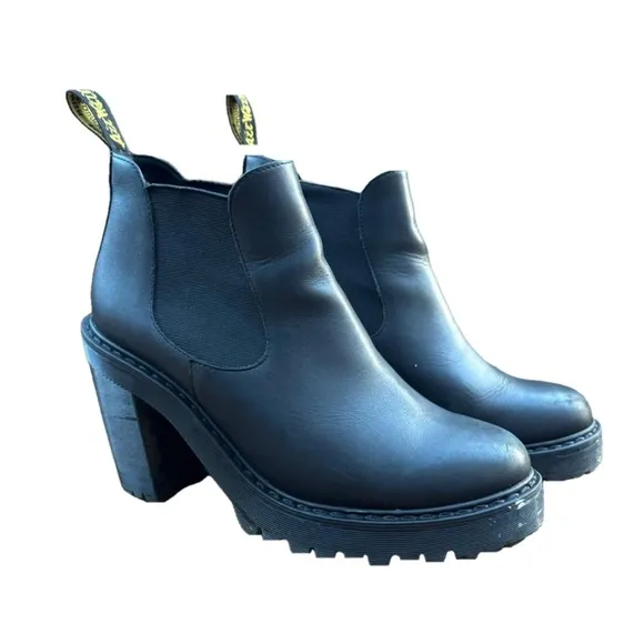 Dr. Martens Hurston Black Leather High Heeled Boots Chunky Platform Women’s 8