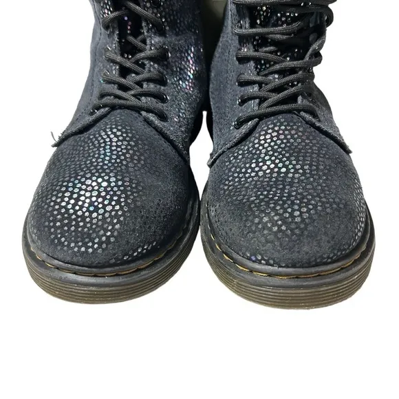 Dr. Martens Pascal Lace Up Boots Black Suede Outer Iridescent Foil Kids Girls 3Y