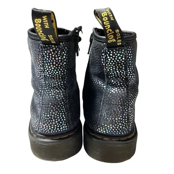 Dr. Martens Pascal Lace Up Boots Black Suede Outer Iridescent Foil Kids Girls 3Y