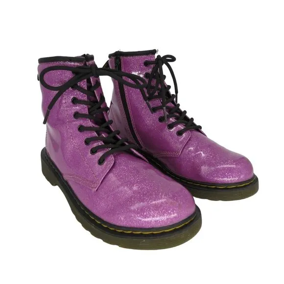 DR MARTENS Women's 1460 Pink Glitter Leather Lace-Up Combat Boots Junior Size 5