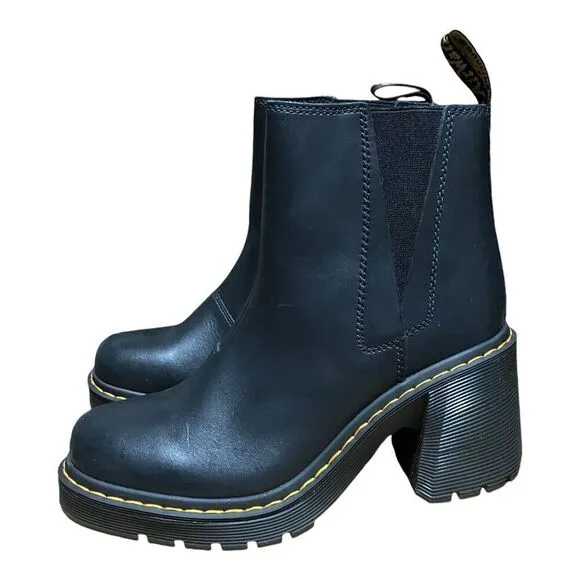 Dr Martens Boots WMNS 10 Black Spence Leather Flared Heel Chelsea Chunky