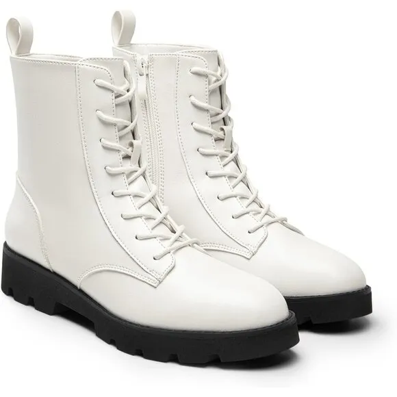 DREAM PAIRS Lace up Lug Sole Women White CALF PU Fashion Combat Ankle Boots