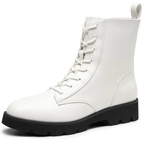 DREAM PAIRS Lace up Lug Sole Women White CALF PU Fashion Combat Ankle Boots