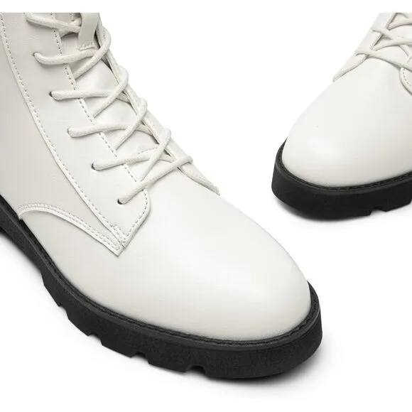 DREAM PAIRS Lace up Lug Sole Women White CALF PU Fashion Combat Ankle Boots
