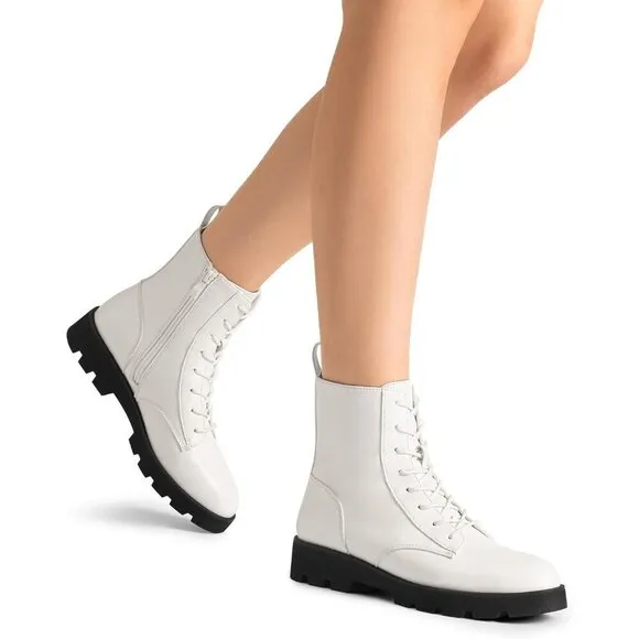 DREAM PAIRS Lace up Lug Sole Women White CALF PU Fashion Combat Ankle Boots