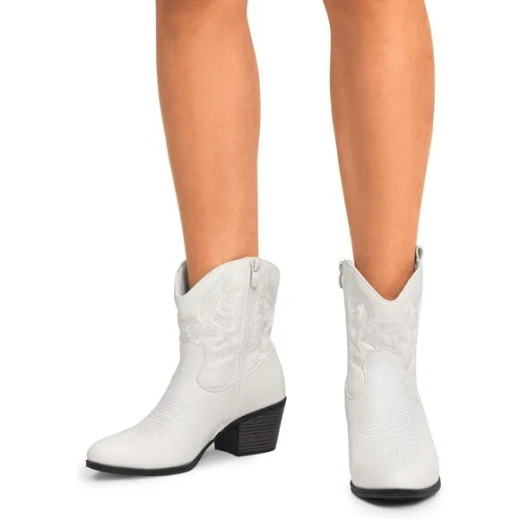 Dream Pairs Women's White Faux Leather Low chunky Heel Short Booties Shoes