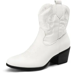 Dream Pairs Women's White Faux Leather Low chunky Heel Short Booties Shoes